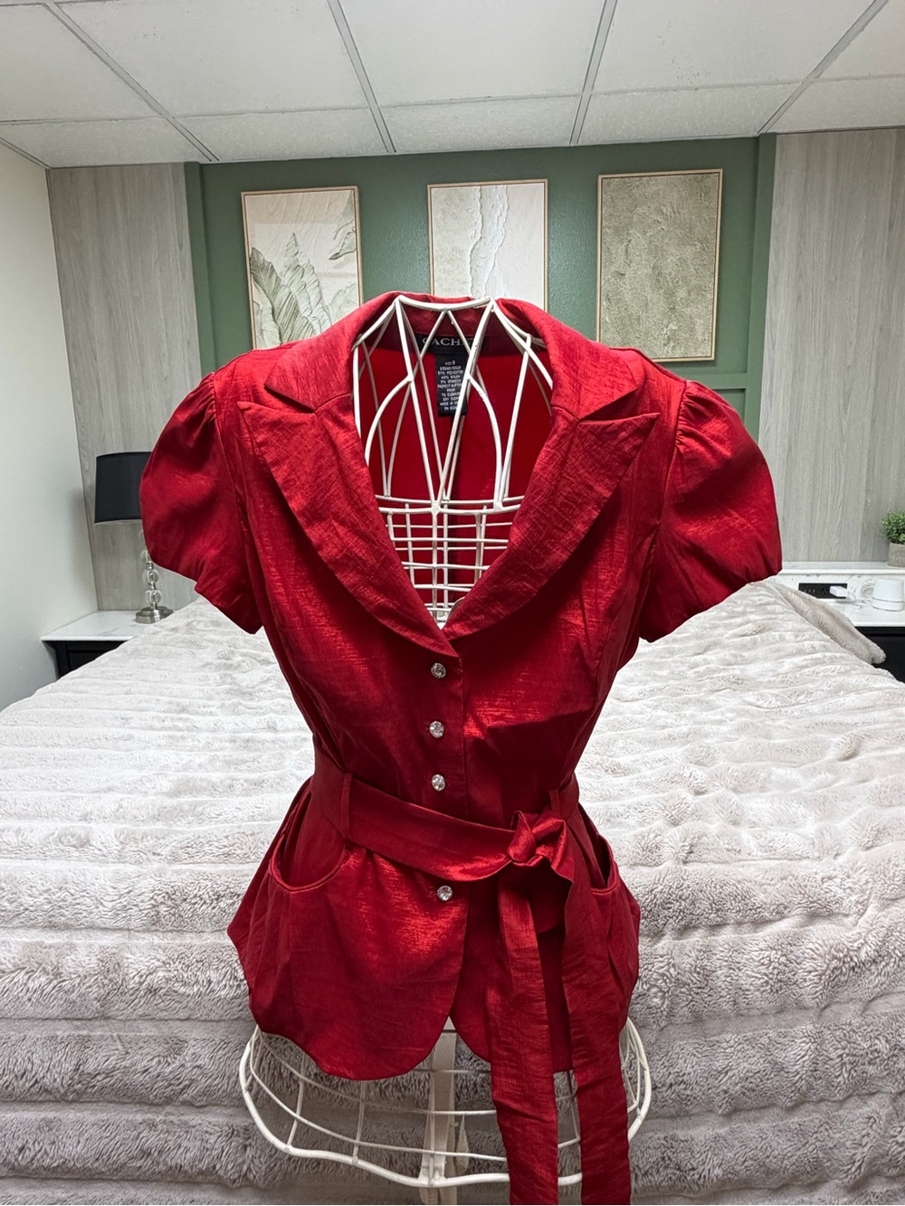 Cachet Red Satin Belted Blazer Top Puff Sleeve Rhinestone Size 8